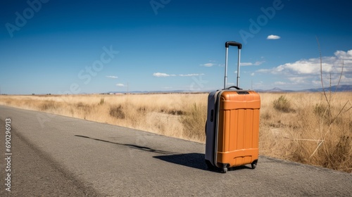 Suitcase abandoned along on a remote highway.