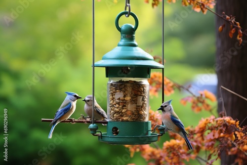 Beautiful birds at a bird feeder in a summer garden.