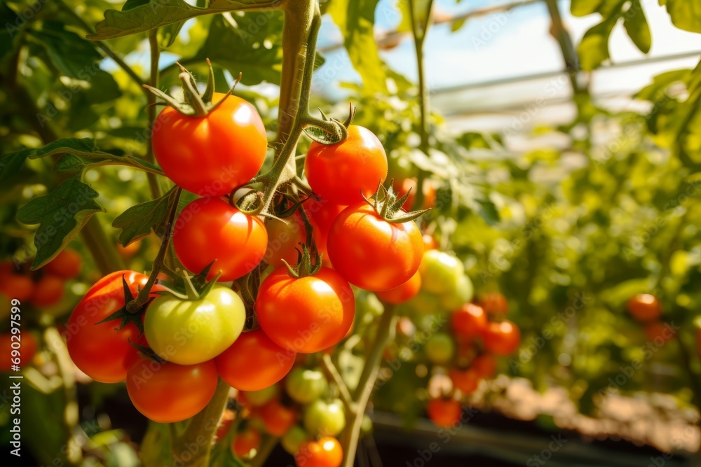 Tomatoes growing in a greenhouse. 