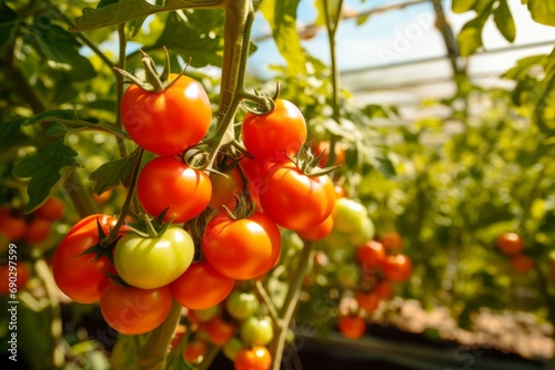 Tomatoes growing in a greenhouse. 