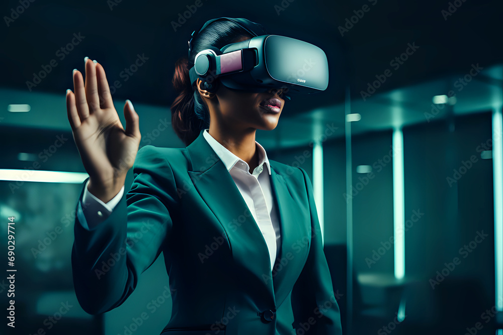 woman in a business suit is using virtual reality glasses, reaching out to touch an unseen object, immersed in a digital experience woman in a business suit is using virtual reality glasses, reaching out to touch an unseen object, immersed in a digital experience