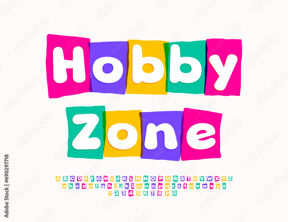 Vector bright card Hobby Zone. Kids Funny Font. Cute Watercolor Alphabet Letters and Numbers set.