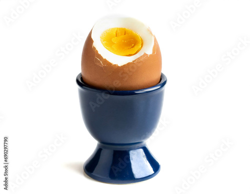 boiled eggs in egg cup isolated on white background, cut out photo