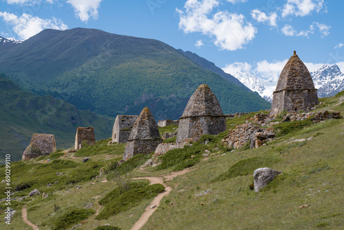 Ancient burial complex in the vicinity of the mountain village of El'tiubiu on a sunny June day. Kabardino-Balkaria, Russia