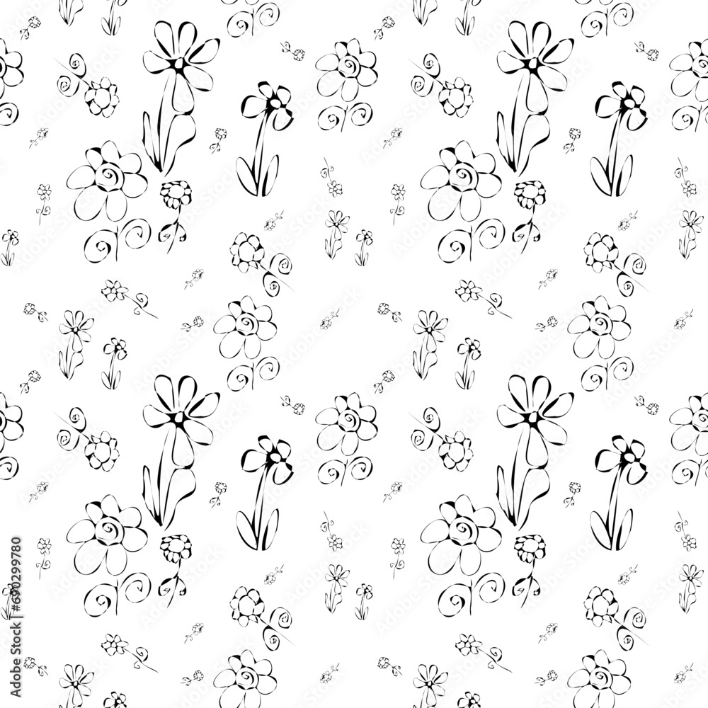 Seamless nature pattern with black and white hand drawn flowers of ...