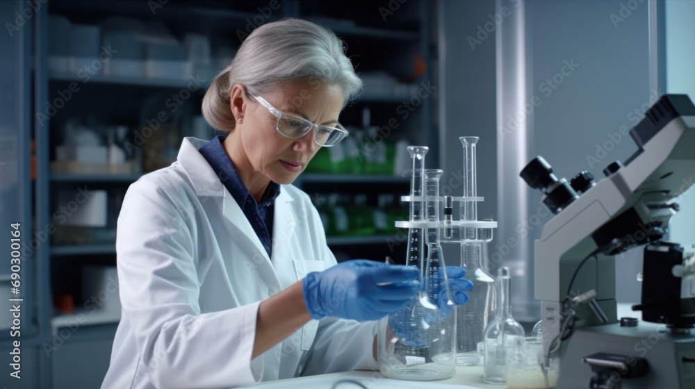 Senior female scientist conducting experiments in a lab with test tubes and a microscope Senior female scientist conducting experiments in a lab with test tubes and a microscope