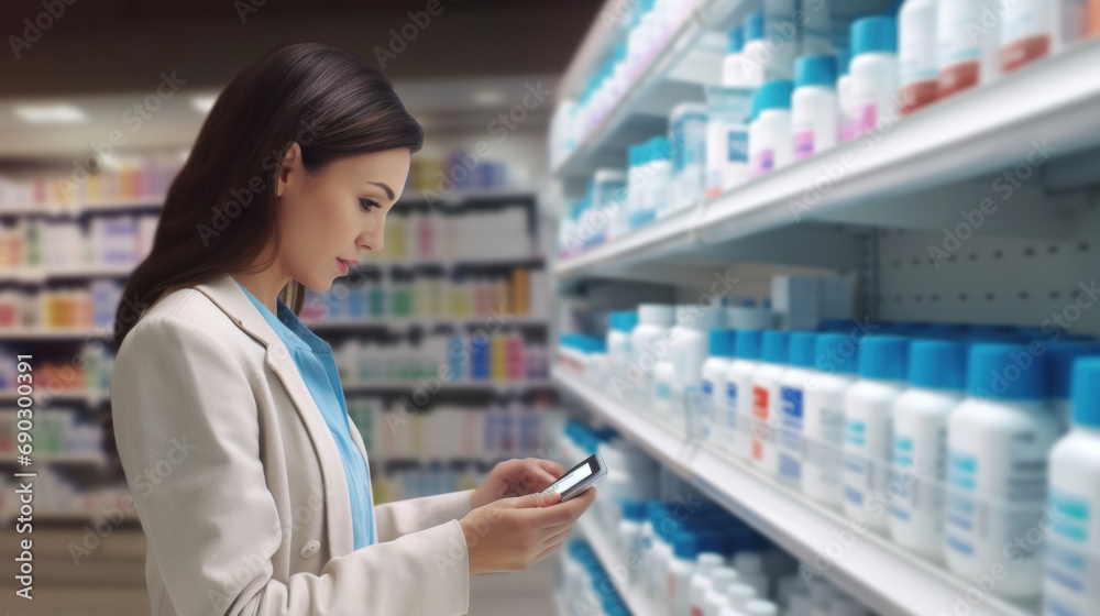 Young woman checks her phone in pharmacy aisle, searching for products.