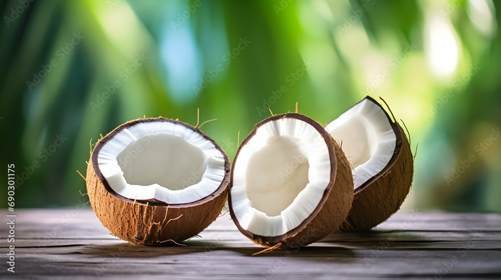 Coconut exotic nourishment on horizontal blur background. Open coco nut on premium resort. Generative AI Coconut exotic nourishment on horizontal blur background. Open coco nut on premium resort. Generative AI