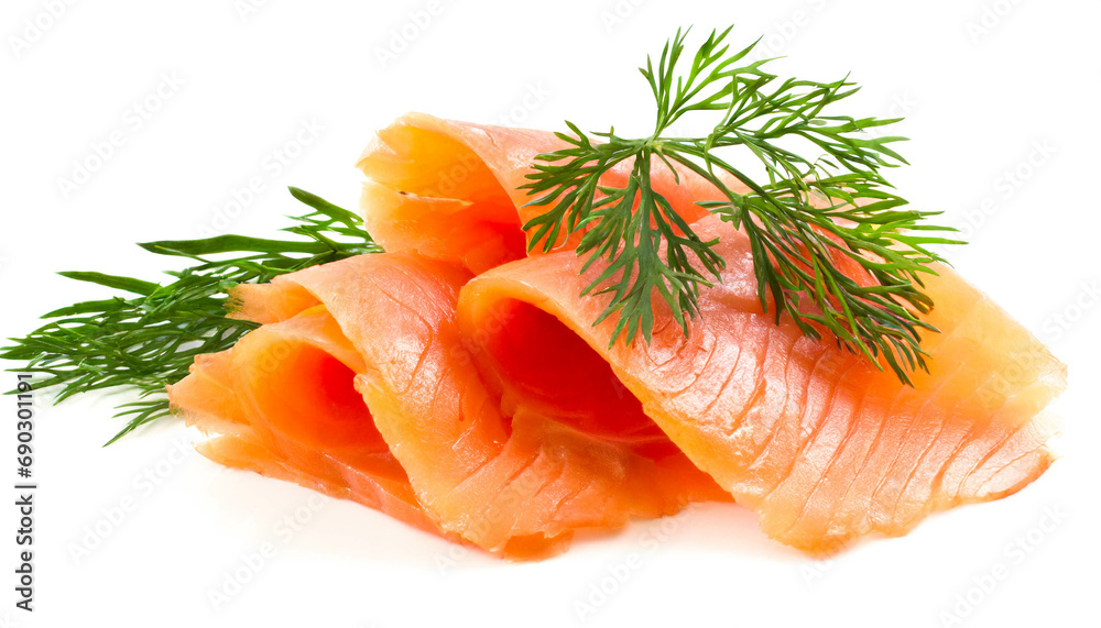 Smoked salmon sliced dill isolated on white background cutout