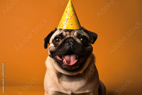 Banner for Web of domestic pug pet with a happy face at funny birthday party wearing colourful hat yellow background. Holidays celebrations concept. Advertising postcards.