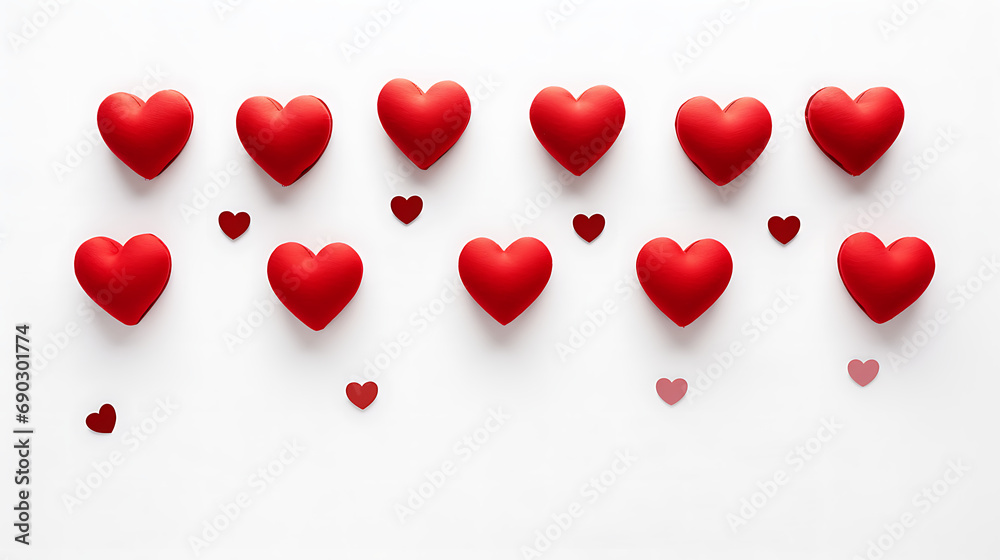 Composition for valentine's day or wedding. Red hearts and the inscription Love on a white background. Generative Ai Composition for valentine's day or wedding. Red hearts and the inscription Love on a white background. Generative Ai