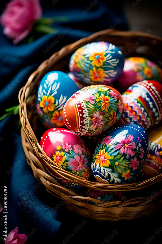 Fototapeta premium Easter background with many Easter eggs. Selective focus.
