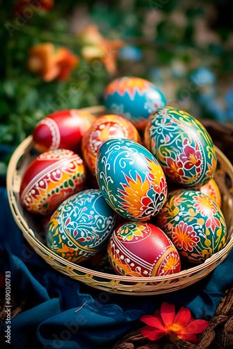 Easter background with many Easter eggs. Selective focus.