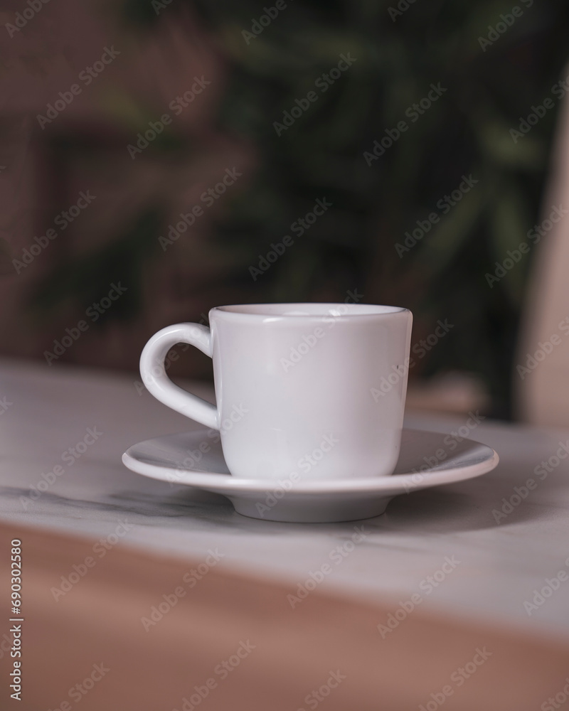 Close-up of a white cup and saucer on a wood table