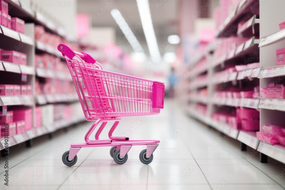 Pink shopping cart full of groceries in supermarket aisle with shelves of various products in background. Shop smartly to avoid falling victim to the Pink Tax. Consumer tips, savvy shopping