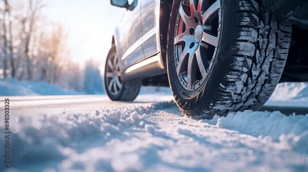 Car wheels on a snowy road. Selective focus.