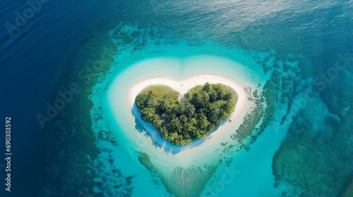 Aerial view, amazing tropical island like heart. Beautifully paradise in sandy seaside. Peaceful turquoise sea.