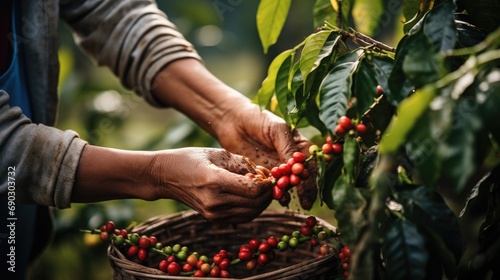 Farmer picking coffee cherries, coffee bean harvesting in plantation