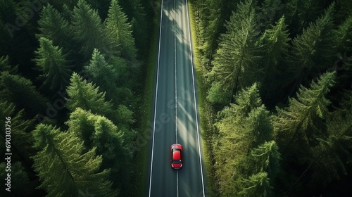 Aerial view of green forest and red car on the road. Bird's eye. Travel concept.