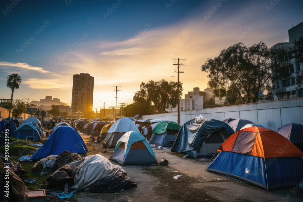Homeless Community Survives In Tents Amidst Cityscape - obrazy, fototapety, plakaty 