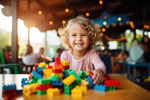 Joyful Kid Plays With Colorful Building Blocks