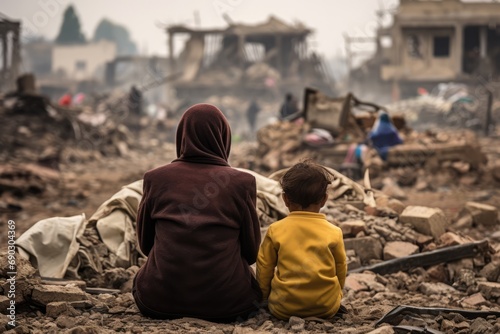 Mother And Child Amidst Destruction In Wartorn City. Сoncept Rebuilding Hope, Unbreakable Bond, Resilience Through Adversity, A Mother's Love, Rising From The Ashes