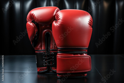 Pair of red boxing gloves on dark background, close up. Sports training © Lazy_Bear