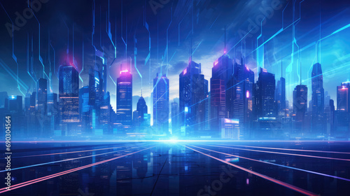 Immerse in the futuristic glow of a digital city, where shades of blue and purple intertwine, creating a captivating technology-driven background