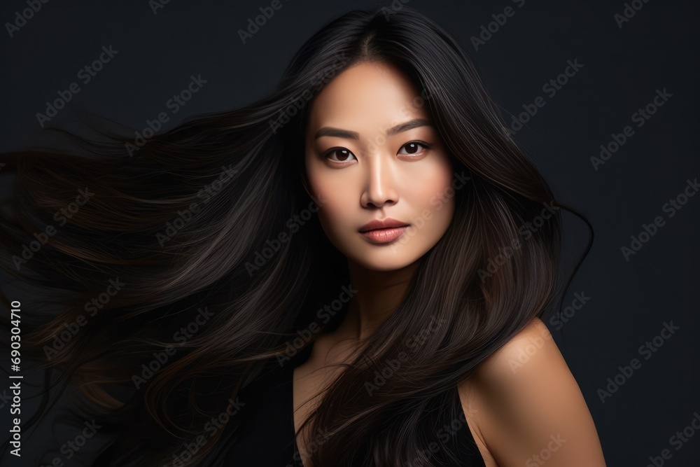 Relaxed Asian Woman With Long Hair Against Dark Background Relaxed Asian Woman With Long Hair Against Dark Background