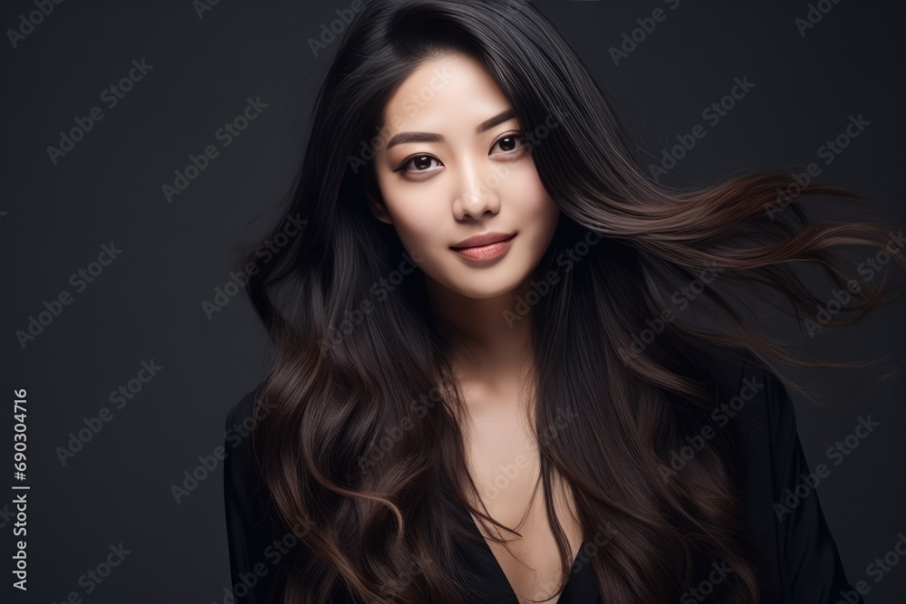 Relaxed Asian Woman With Long Hair Against Dark Background Relaxed Asian Woman With Long Hair Against Dark Background
