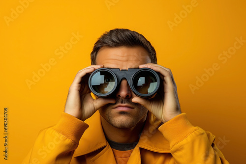 Man looking through binoculars on yellow background. Find and search concept photo