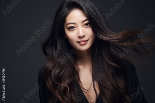 Relaxed Asian Woman With Long Hair Against Dark Background
