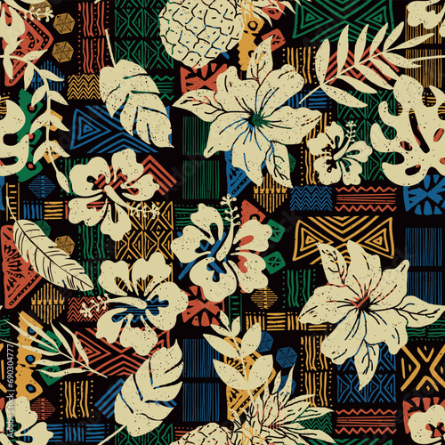 Ethnic tribal patchwork seamless pattern with hand drawn abstract tropical motif