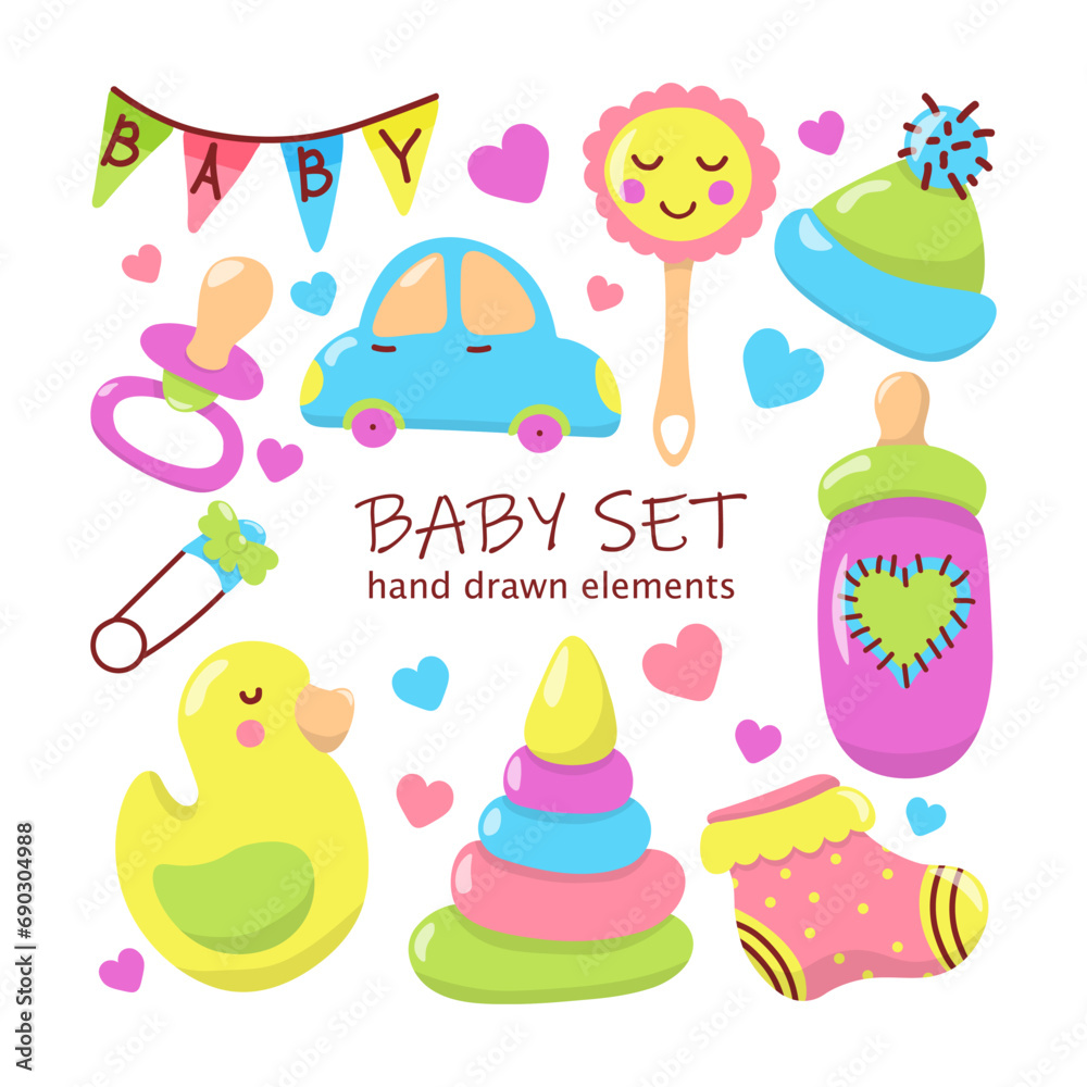 Newborn baby items set with cartoon element. illustration for patches, stickers, T-shirt, nursery, kids design. Hand drawn stock vector illustration set isolated on white background.