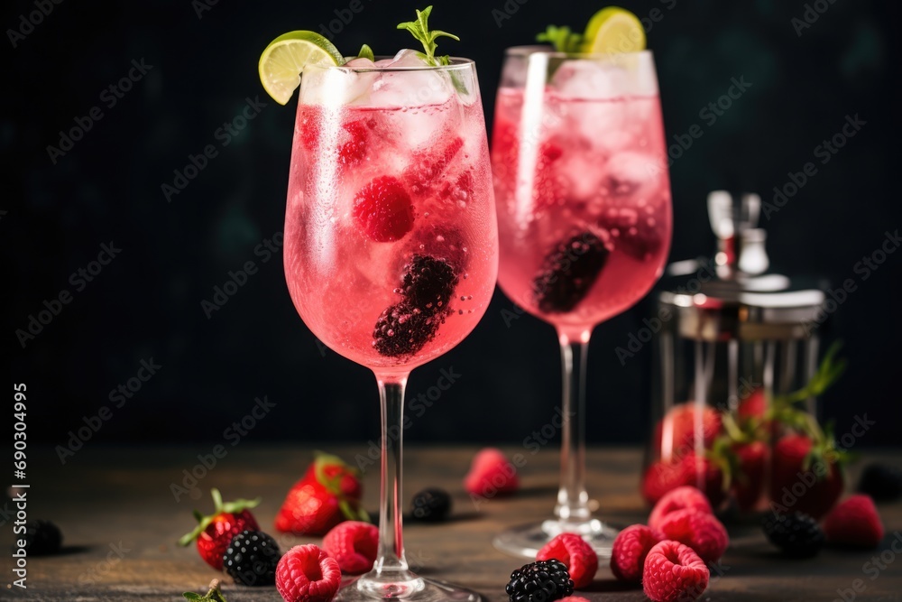 Tall Gin Glasses Filled With Pink Gin And Wild Berry Tonic Tall Gin Glasses Filled With Pink Gin And Wild Berry Tonic