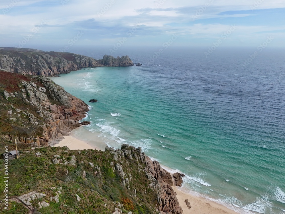 .Porthcurno Beach Cornwall UK drone , aerial , view from air