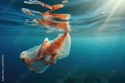 Underwater Photo Of Garbage Bag Polluting Ocean photo