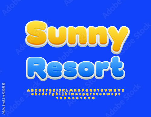 Vector touristic advertisement Sunny Resort. Creative Yellow Font. Cute 3D Alphabet Letters and Numbers set.