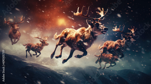 Santa Claus s reindeers are flying in sky over Christmas night city. Winter holiday magic. Seasonal greetings. Shiny sparkles.