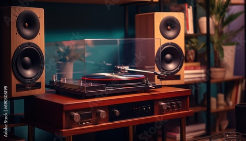 Vintage Record Player on Wooden Table
