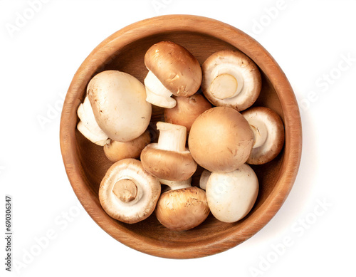 Wooden bowl with mushrooms isolated on white background, cutout,top view