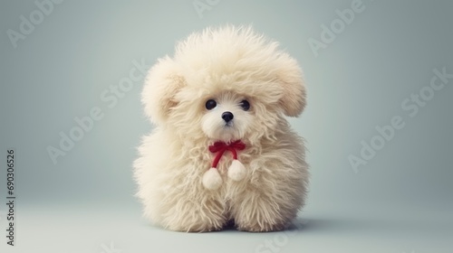 Cute fluffy vintage toy with a red bow on white background. Christmas gift for kids