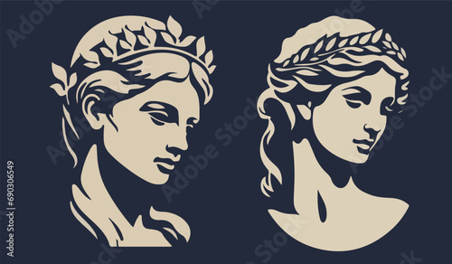 A woman's head in the style of ancient Greece and Rome, the black and white logo shows a head sculpture photo