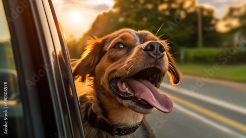 Experience the pure happiness of a dog on the move! This joyful pup, with head out the car window, embodies the spirit of adventure, making every journey a tail-wagging delight