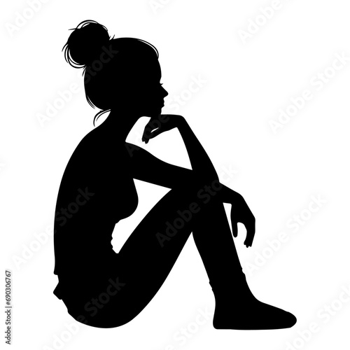 Stress woman sitting on the ground vector silhouette black color, lonely woman vector silhouette