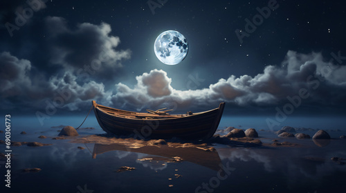 3d rendering of abandoned wooden boat over fluffy night in clouds