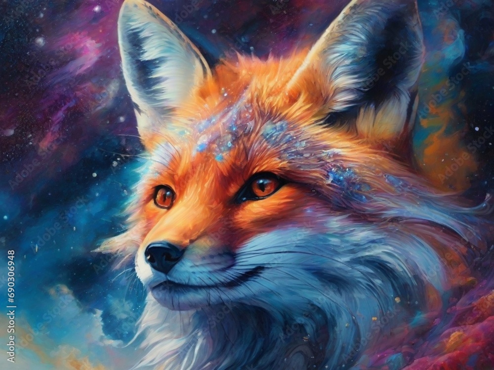 portrait of cosmic fire nine tail fox, dynamic posture, realistic texture detailing, unrealistic, natural vibrant lighting