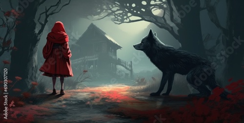 Little Red Riding Hood and the Wolf in Forest