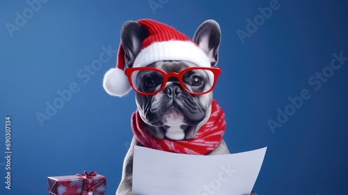 Cute puppy mops celebrating Christmas holidays wearing red Santa hat. © JuliaDorian
