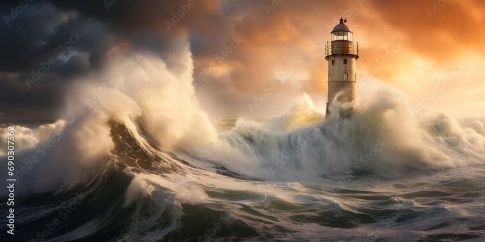 Lighthouse Amidst Stormy Sea Waves